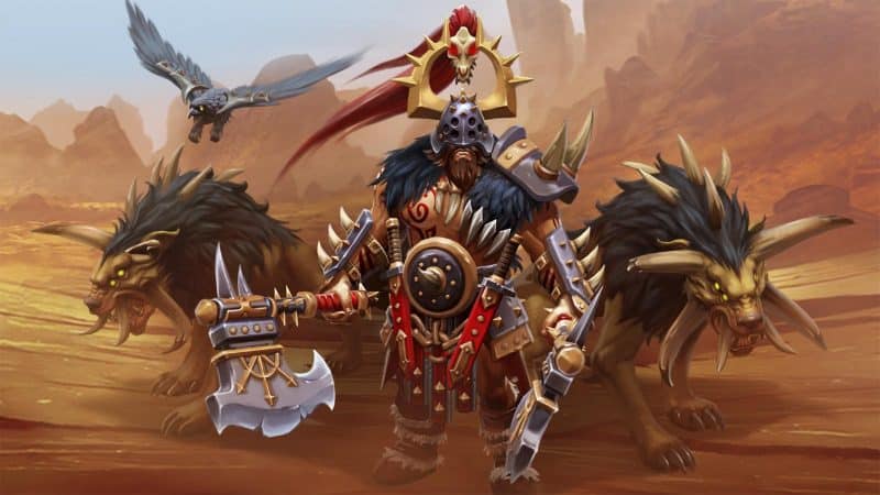 The Dota 2 hero Beastmaster with two creatures in the desert
