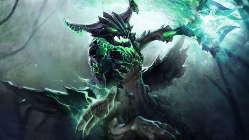 Outworld Devourer raises his staff, which pulses with green electricity. The same electricity runs through his rocky armor and horns
